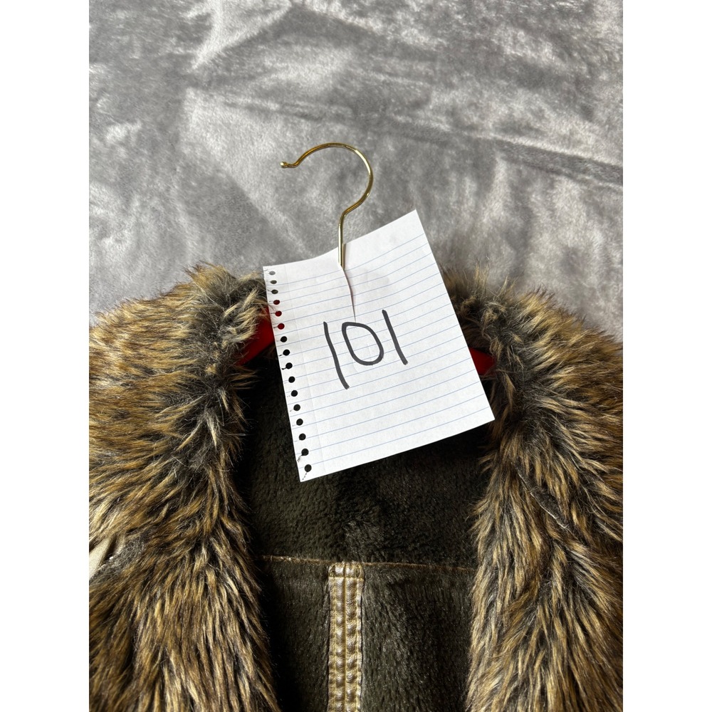 FORNIA Womens Faux Leather Fur Lined Vest Olive Green Moto Zip Pockets Size M - Picture 12 of 12